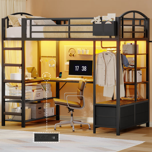 Twin Size Loft Bed with L Shaped Desk and 4 Drawers, Metal Bed Frame with Storage Shelf, Power Outlet and LED Lighted, No Box Spring Needed, Black
