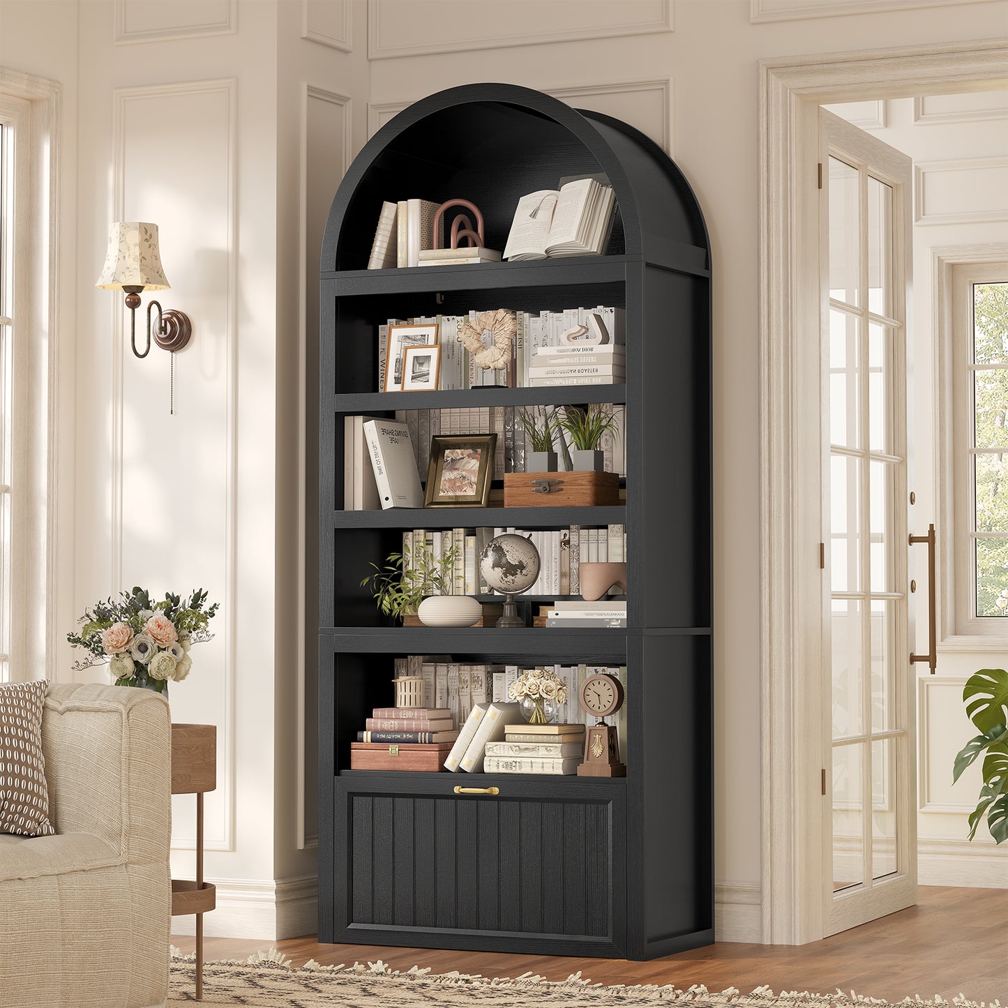 81" Tall Arched Cabinets, Bookcase with Storage Drawer, Mid-Century Modern 5-Tier Bookshelf for Living Room, Kitchen, Home Office, Black