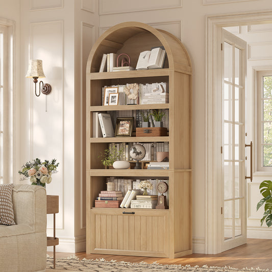 81" Tall Arched Cabinets, Bookcase with Storage Drawer, Mid-Century Modern 5-Tier Bookshelf for Living Room, Kitchen, Home Office, Oak