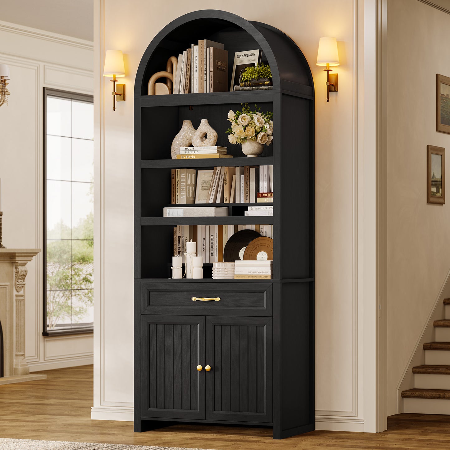 84.6" Tall Arched Bookcase, 6-Tier Arched Bookshelf with Cabinet & Drawers, Modern Display Storage Rack for Living Room, Bedroom, Home Office, Black