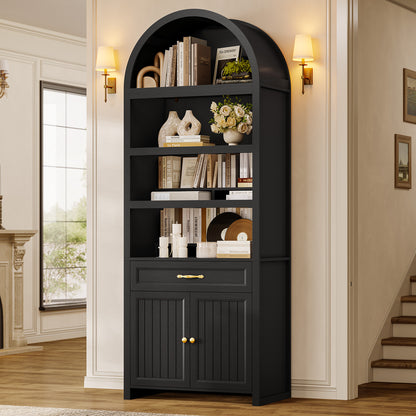 84.6" Tall Arched Bookcase, 6-Tier Arched Bookshelf with Cabinet & Drawers, Modern Display Storage Rack for Living Room, Bedroom, Home Office, Black