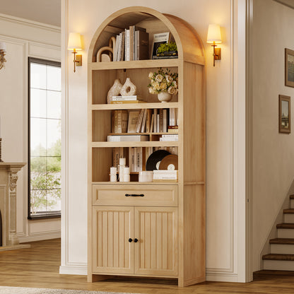 84.6" Tall Arched Bookcase, 6-Tier Arched Bookshelf with Cabinet & Drawers, Modern Display Storage Rack for Living Room, Bedroom, Home Office, Oak