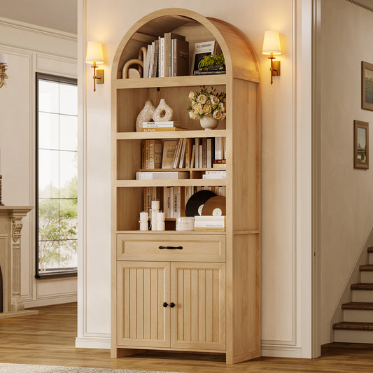 84.6" Tall Arched Bookcase, 6-Tier Arched Bookshelf with Cabinet & Drawers, Modern Display Storage Rack for Living Room, Bedroom, Home Office, Oak