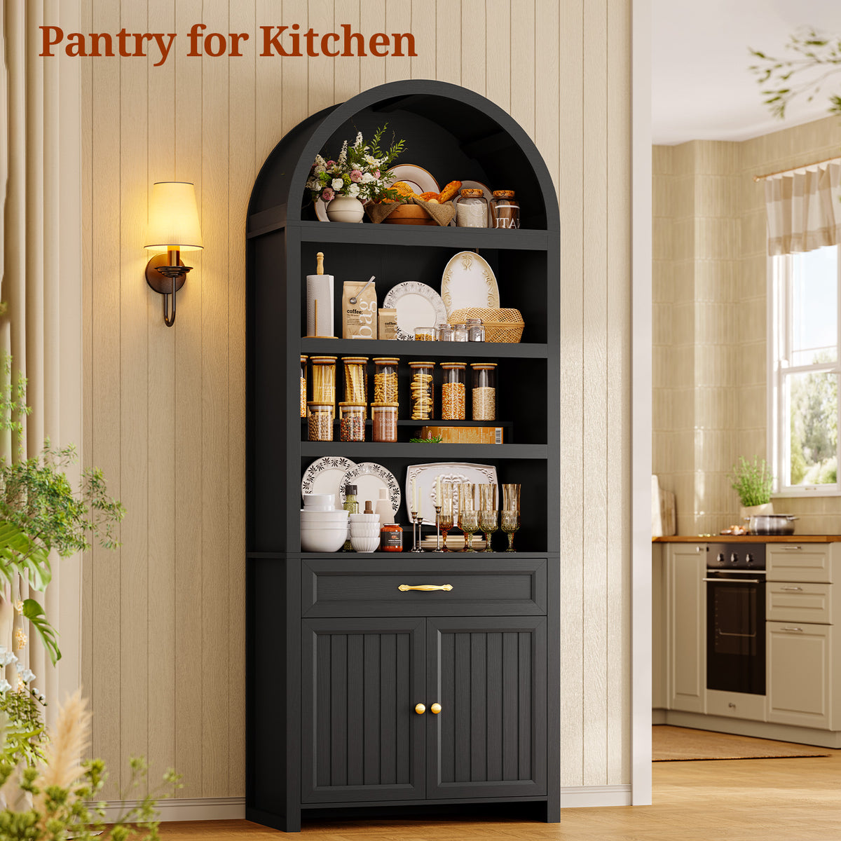 84.6" Tall Arched Bookcase, 6-Tier Arched Bookshelf with Cabinet & Drawers, Modern Display Storage Rack for Living Room, Bedroom, Home Office, Black
