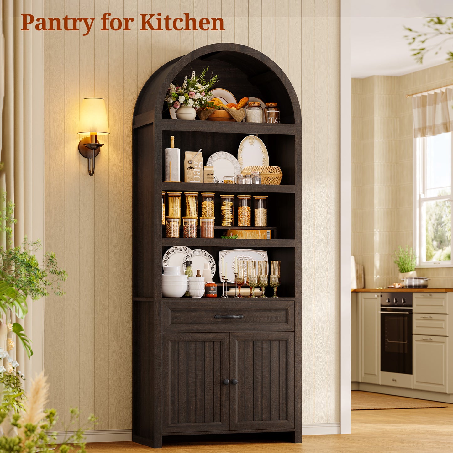 84.6" Tall Arched Bookcase, 6-Tier Arched Bookshelf with Cabinet & Drawers, Modern Display Storage Rack for Living Room, Bedroom, Home Office, Brown