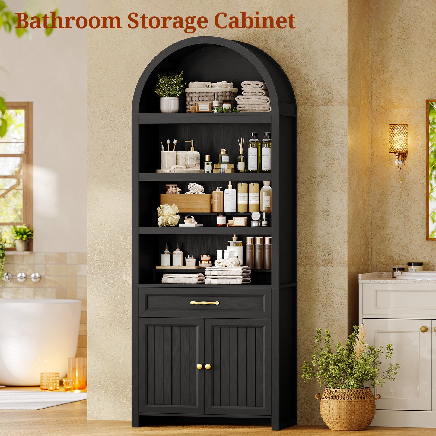 84.6" Tall Arched Bookcase, 6-Tier Arched Bookshelf with Cabinet & Drawers, Modern Display Storage Rack for Living Room, Bedroom, Home Office, Black
