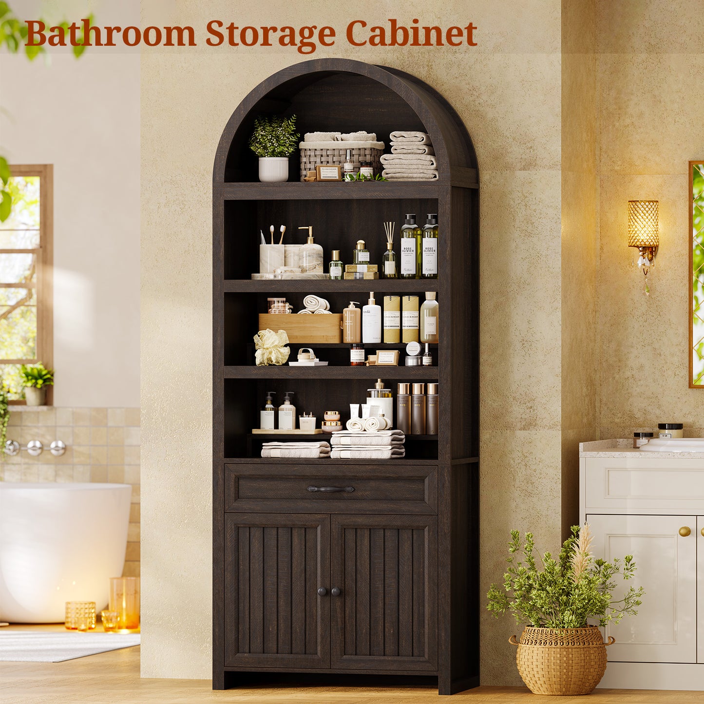 84.6" Tall Arched Bookcase, 6-Tier Arched Bookshelf with Cabinet & Drawers, Modern Display Storage Rack for Living Room, Bedroom, Home Office, Brown