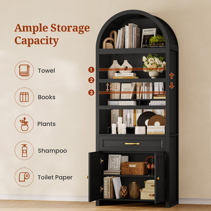 84.6" Tall Arched Bookcase, 6-Tier Arched Bookshelf with Cabinet & Drawers, Modern Display Storage Rack for Living Room, Bedroom, Home Office, Black