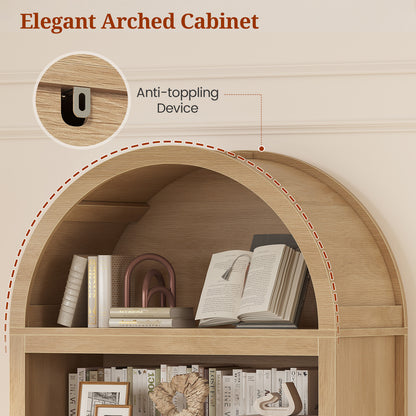 84.6" Tall Arched Bookcase, 6-Tier Arched Bookshelf with Cabinet & Drawers, Modern Display Storage Rack for Living Room, Bedroom, Home Office, Oak