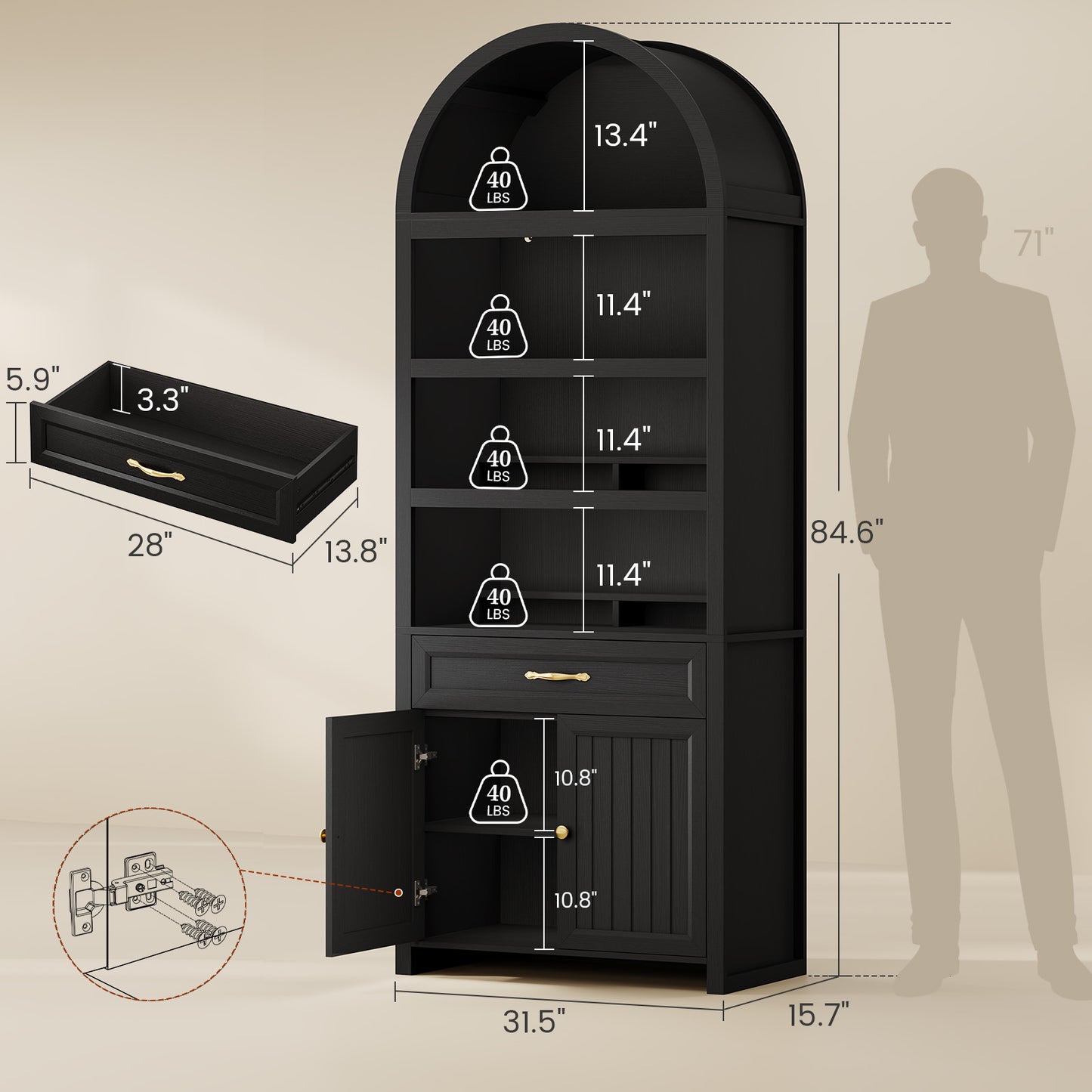 84.6" Tall Arched Bookcase, 6-Tier Arched Bookshelf with Cabinet & Drawers, Modern Display Storage Rack for Living Room, Bedroom, Home Office, Black