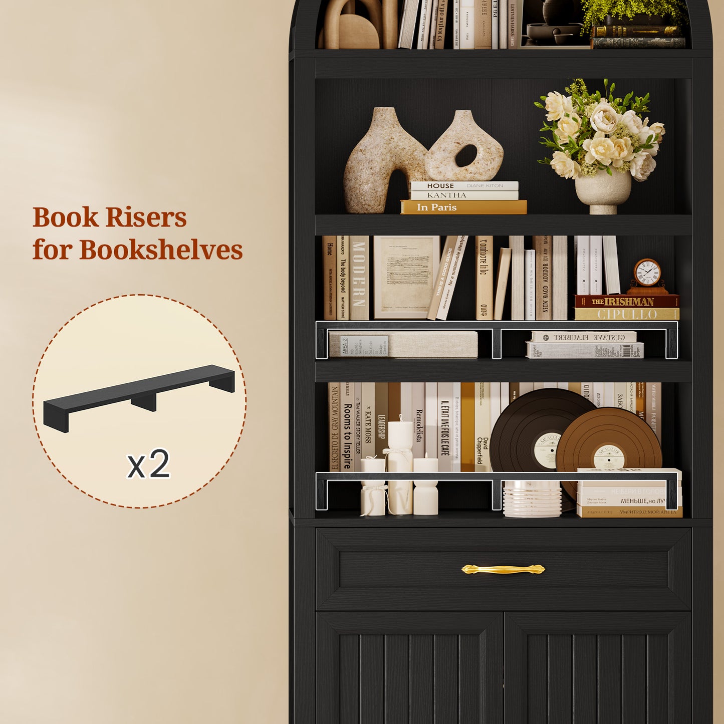 84.6" Tall Arched Bookcase, 6-Tier Arched Bookshelf with Cabinet & Drawers, Modern Display Storage Rack for Living Room, Bedroom, Home Office, Black