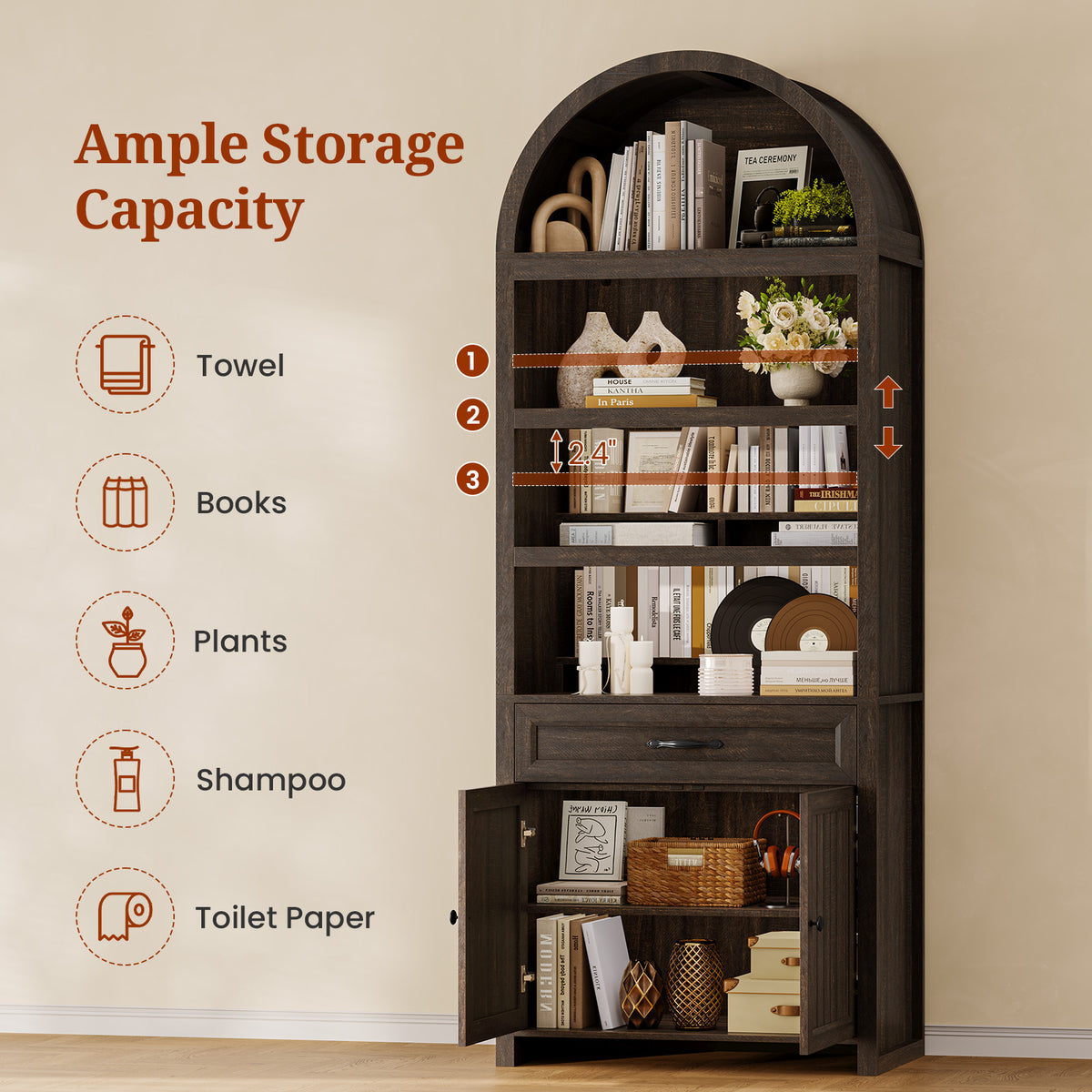 84.6" Tall Arched Bookcase, 6-Tier Arched Bookshelf with Cabinet & Drawers, Modern Display Storage Rack for Living Room, Bedroom, Home Office, Brown