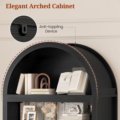 84.6" Tall Arched Bookcase, 6-Tier Arched Bookshelf with Cabinet & Drawers, Modern Display Storage Rack for Living Room, Bedroom, Home Office, Black