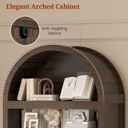 84.6" Tall Arched Bookcase, 6-Tier Arched Bookshelf with Cabinet & Drawers, Modern Display Storage Rack for Living Room, Bedroom, Home Office, Brown