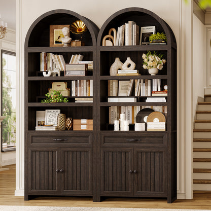 84.6" Tall Arched Bookcase, 6-Tier Arched Bookshelf with Cabinet & Drawers, Modern Display Storage Rack for Living Room, Bedroom, Home Office, Brown