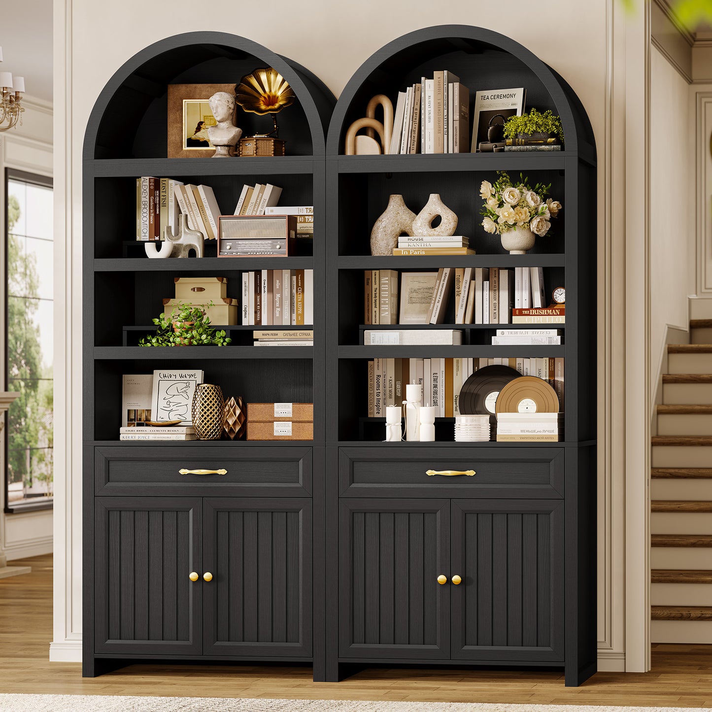 84.6" Tall Arched Bookcase, 6-Tier Arched Bookshelf with Cabinet & Drawers, Modern Display Storage Rack for Living Room, Bedroom, Home Office, Black