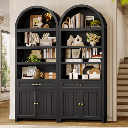 84.6" Tall Arched Bookcase, 6-Tier Arched Bookshelf with Cabinet & Drawers, Modern Display Storage Rack for Living Room, Bedroom, Home Office, Black