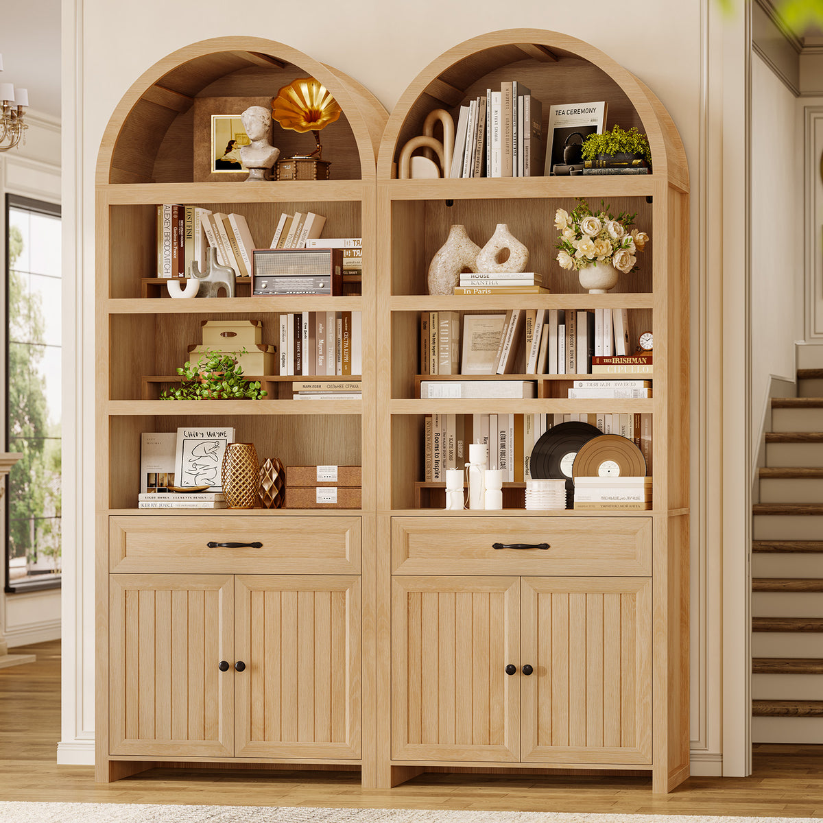 84.6" Tall Arched Bookcase, 6-Tier Arched Bookshelf with Cabinet & Drawers, Modern Display Storage Rack for Living Room, Bedroom, Home Office, Oak