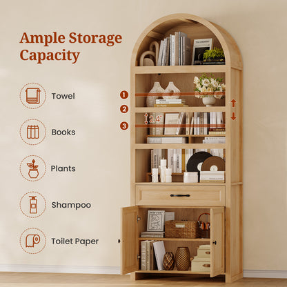 84.6" Tall Arched Bookcase, 6-Tier Arched Bookshelf with Cabinet & Drawers, Modern Display Storage Rack for Living Room, Bedroom, Home Office, Oak