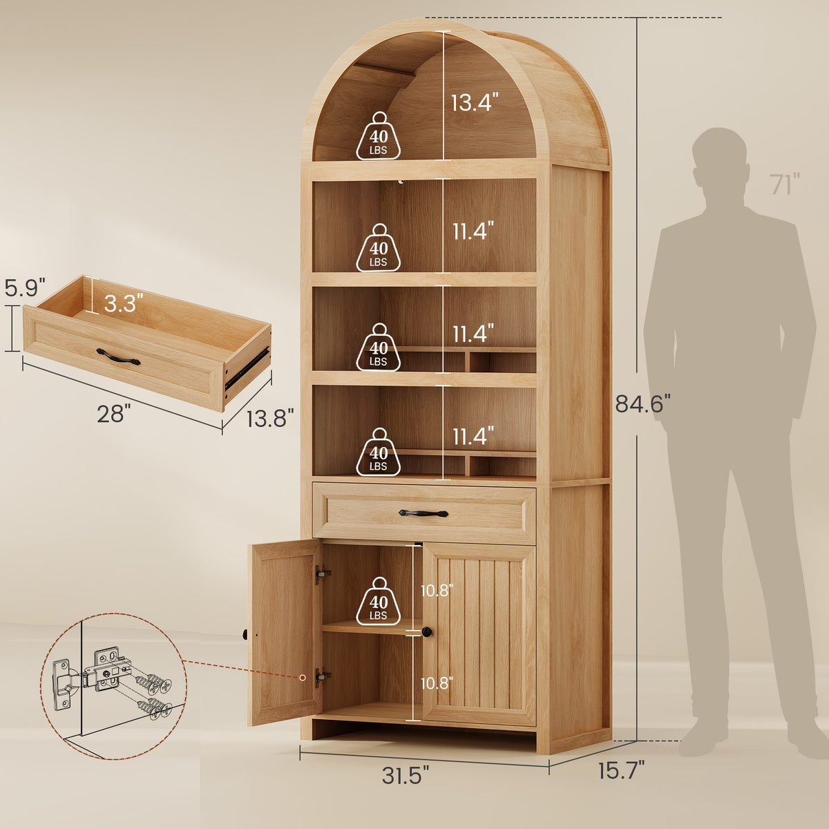 84.6" Tall Arched Bookcase, 6-Tier Arched Bookshelf with Cabinet & Drawers, Modern Display Storage Rack for Living Room, Bedroom, Home Office, Oak