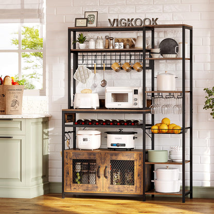 Bakers Rack with Power Outlet, Kitchen Stand with Storage Shelf and Cabinet, Rustic Brown