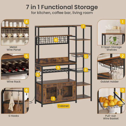 Bakers Rack with Power Outlet, Kitchen Stand with Storage Shelf and Cabinet, Rustic Brown