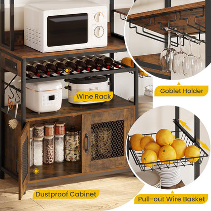 Bakers Rack with Power Outlet, Kitchen Stand with Storage Shelf and Cabinet, Rustic Brown