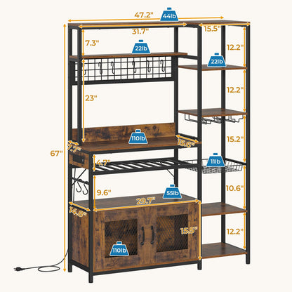 Bakers Rack with Power Outlet, Kitchen Stand with Storage Shelf and Cabinet, Rustic Brown
