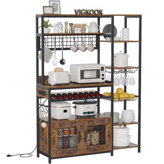 Bakers Rack with Power Outlet, Kitchen Stand with Storage Shelf and Cabinet, Rustic Brown
